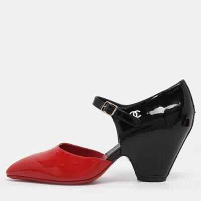 Pre-owned Chanel Red/black Patent Leather Mary Jane Wedge Pumps Size 38