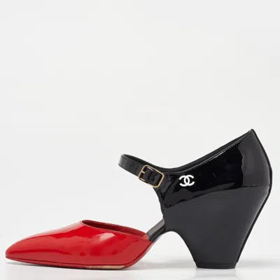 Pre-owned Chanel Red/black Patent Leather Mary Jane Wedge Pumps Size 40