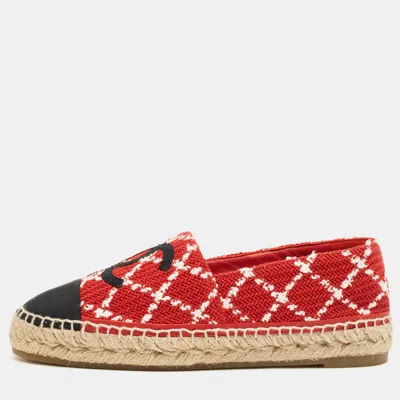 Pre-owned Chanel Red/black Tweed And Canvas Cc Cap Toe Espadrille Flats Size 39