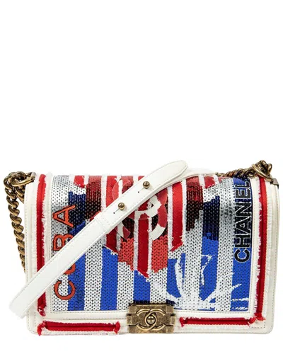 Chanel Red/navy/gray Sequin Canvas/calfskin Leather Paris-cuba Multicolor  Sequin Medium Boy Bag, Ne