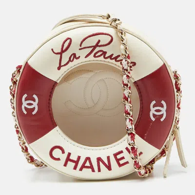 Pre-owned Chanel Red/white Leather Coco Lifesaver Round Crossbody Bag