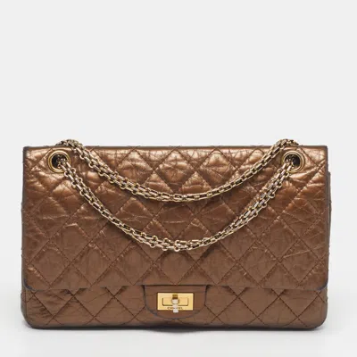 Pre-owned Chanel Reissue 2.55 226 Metallic Brown Quilted Aged Leather Flap Bag In Silver