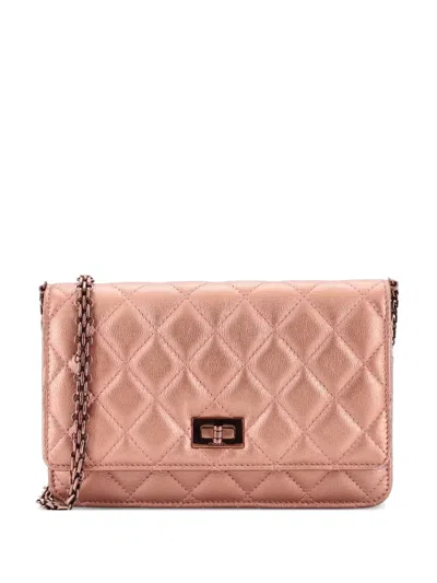 Pre-owned Chanel Reissue 2.55 Wallet On Chain Quilted Metallic Calfskin Crossbody Bag In Pink