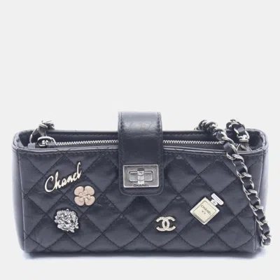 Pre-owned Chanel Reissue Lucky Charms Mini Black Quilted Leather Phone Holder Clutch Bag