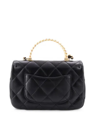 Pre-owned Chanel Resin Chain Top Handle Flap Bag Quilted Lambskin Mini Satchel In Black