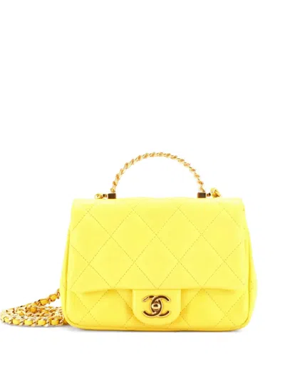 Pre-owned Chanel Resin Chain Top Handle Flap Bag Quilted Lambskin Mini Satchel In Yellow