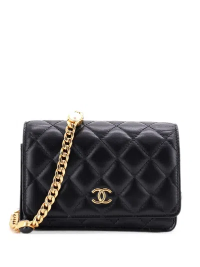 Pre-owned Chanel Resin Pearl Chain Flap Bag Quilted Lambskin Mini Crossbody Bag In Black