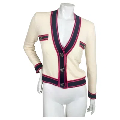 Pre-owned Chanel Resort 2020 Ecru Navy Fuchsia Cashmere Cc Button Cardigan Fr 34 In Blue