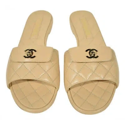 Pre-owned Chanel Rev Beige Turnlock Quilted Gold Cc Logo Mules Slide Sandal Flop Flat 39