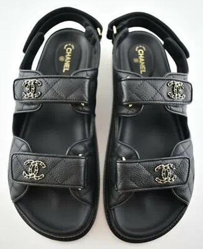 Pre-owned Chanel Rev Black Caviar Gold Cc Logo Mule Slide Strap Flat Teva Dad Sandal 38.5