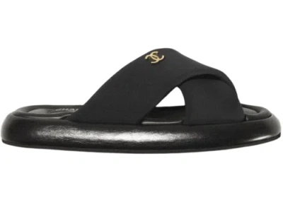 Pre-owned Chanel Rev Black Fabric Criss Cross Puffy Cc Logo Slide Mule Sandal Flop Flat 38