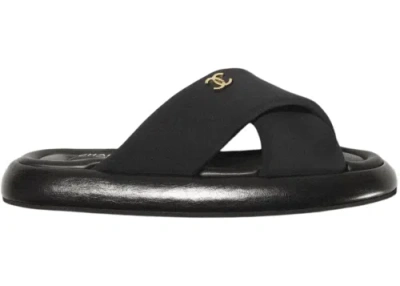 Pre-owned Chanel Rev Black Fabric Criss Cross Puffy Cc Logo Slide Mule Sandal Flop Flat 40