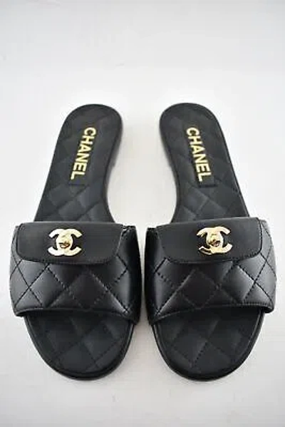 Pre-owned Chanel Rev Black Turnlock Quilted Gold Cc Logo Mules Slide Sandal Flop Flat 36