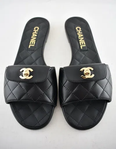 Pre-owned Chanel Rev Black Turnlock Quilted Gold Cc Logo Mules Slide Sandal Flop Flat 37