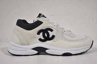 Pre-owned Chanel Rev White Black Cc Logo Leather Lace Up Flat Runner Trainer Sneaker 36.5