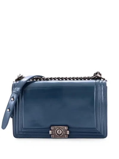 Pre-owned Chanel Reverso Boy Flap Bag Glazed Calfskin Old Medium Crossbody Bag In Blue