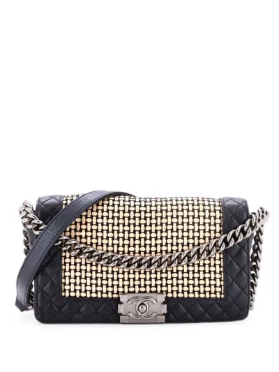 Pre-owned Chanel Reverso Boy Flap Bag Woven Calfskin Old Medium Shoulder Bag In Black