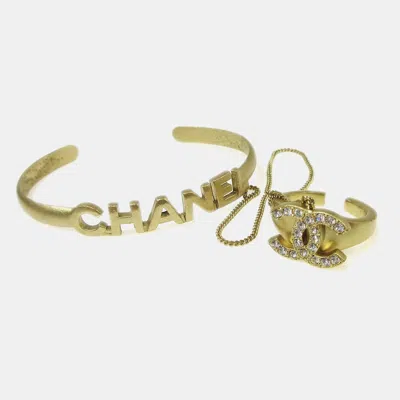 Pre-owned Chanel Rhinestone Bangle Chain Ring #6 Gold