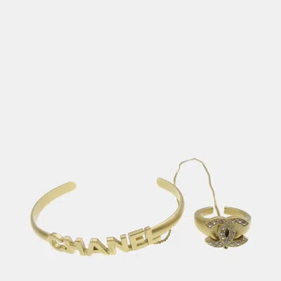 Pre-owned Chanel Rhinestone Bangle Chain Ring #6 Gold