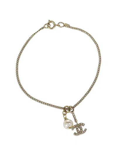 Pre-owned Chanel Rhinestone Cc Charm Bracelet In Gold