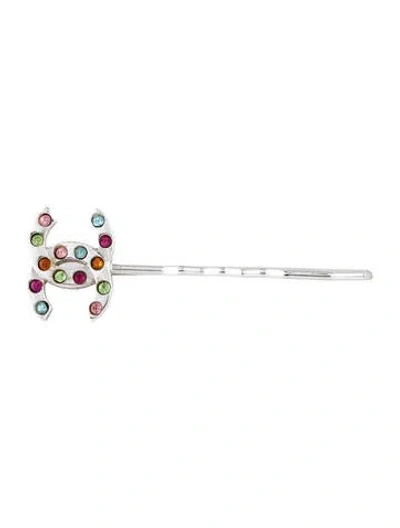 Pre-owned Chanel Rhinestone Cc Hair Clip In Silver