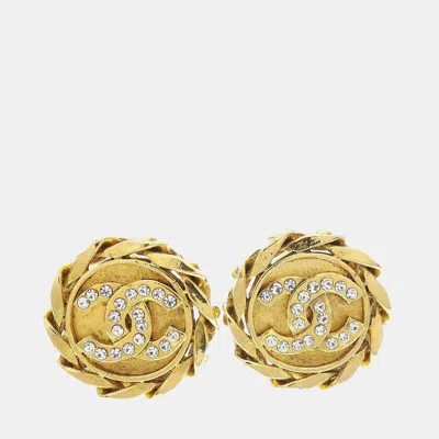 Pre-owned Chanel Rhinestone Earrings Clip-on Gold