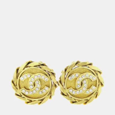 Pre-owned Chanel Rhinestone Earrings Clip-on Gold