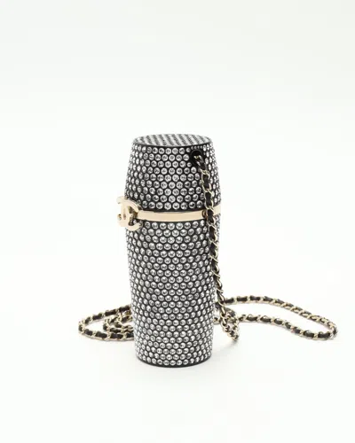 Pre-owned Chanel Rhinestone Embellished Lipstick Case On Chain In Black