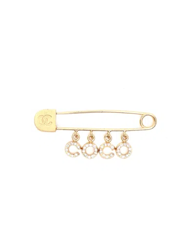 Pre-owned Chanel Rhinestone Pin Brooch In Gold