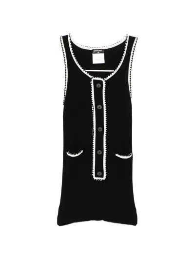 Pre-owned Chanel Ribbed-knit Contrast-trim Tank Top In Black