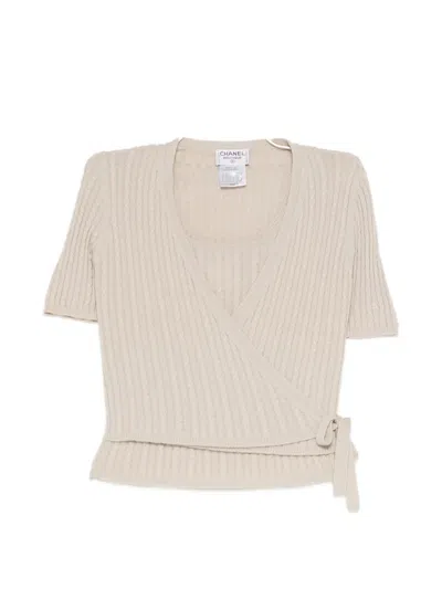 Pre-owned Chanel Ribbed-knit Wrap-style Knit Top In Neutrals