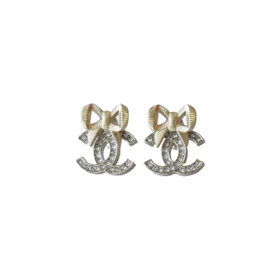 Pre-owned Chanel Ribbon Bow With Cc Crystal Strass Stud Earrings Silver Gold