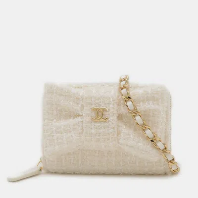 Pre-owned Chanel Ribbon Mini Chain Wallet Wallet/coin Case Tweed White