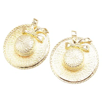 Pre-owned Chanel Ribbon Motif Straw Hat Earrings In Gold