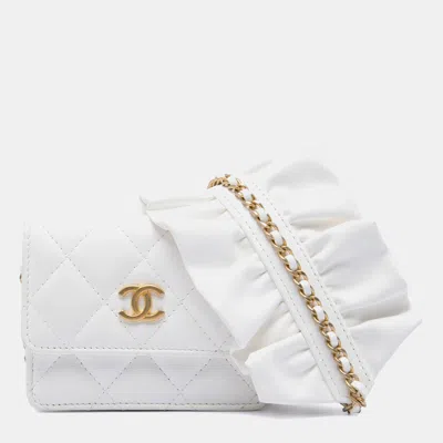 Pre-owned Chanel Romance White Quilted Lambskin Flap Card Holder On Chain Bag