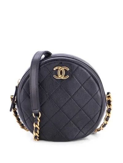 Pre-owned Chanel Round Chain Quilted Shiny Lambskin Small Crossbody Bag In Black