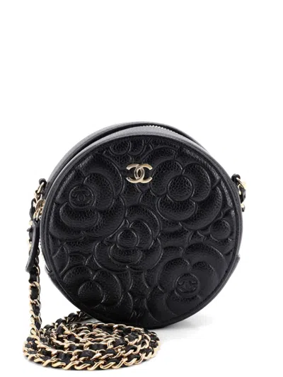 Pre-owned Chanel Round Clutch With Chain Camellia Caviar Mini Crossbody Bag In Black