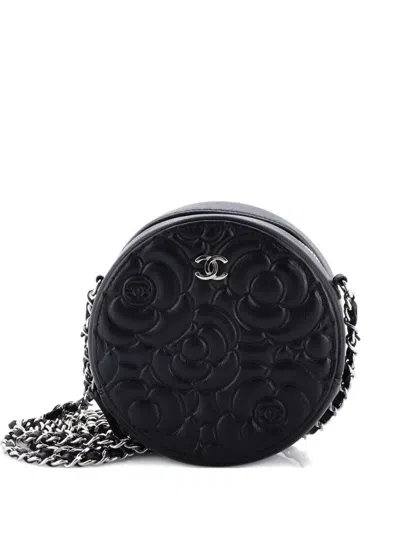 Pre-owned Chanel Round Clutch With Chain Camellia Goatskin Mini Crossbody Bag In Black