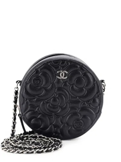 Pre-owned Chanel Round Clutch With Chain Camellia Goatskin Mini Crossbody Bag In Black