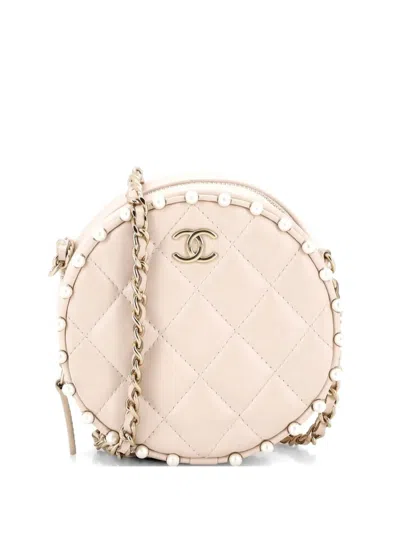 Pre-owned Chanel Round Clutch With Chain Quilted Calfskin With Pearl Detail Crossbody Bag In Neutral