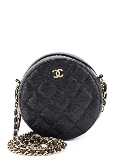 Pre-owned Chanel Round Clutch With Chain Quilted Caviar Mini Crossbody Bag In Black