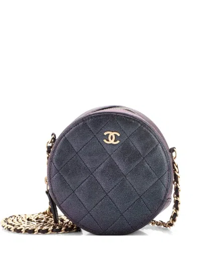 Pre-owned Chanel Round Clutch With Chain Quilted Iridescent Caviar Mini Crossbody Bag In Black