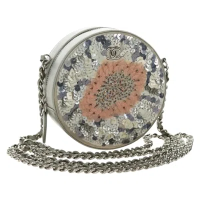 Pre-owned Chanel Round Clutch With Chain Sequins Gray Leather Clutche & Pouche Bag ()