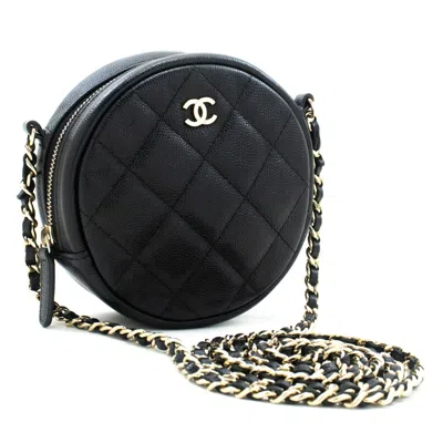 Pre-owned Chanel Round Compartment Clutch With Chain Quilted Caviar Leather Black Calfskin Clutche & Pouche Ba