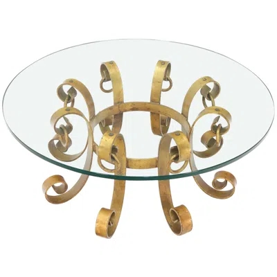 Pre-owned Chanel Round Decorative Gilt Wrought Iron Base Glass Top Sunburst Coffee Table Mint! In Gray