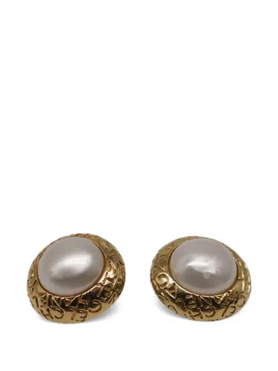 Pre-owned Chanel Round Faux-pearl Clip-on Earrings In Gold