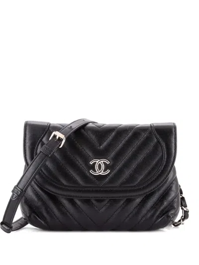 Pre-owned Chanel Round Flap Convertible Waist Bag Chevron Calfskin Belt Bag In Black