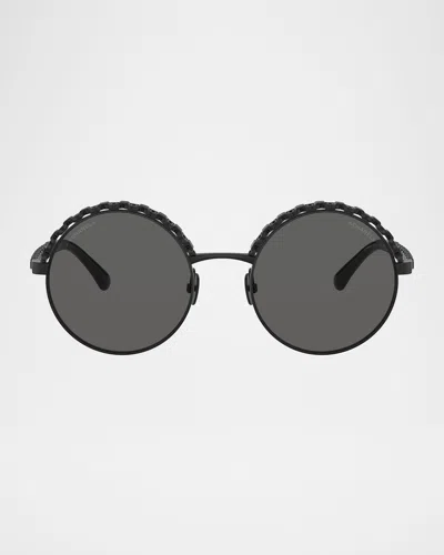 Pre-owned Chanel Round Metal Sunglasses With Woven Leather Detail In Black