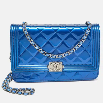 Pre-owned Chanel Royal Blue Quilted Patent Leather Boy Wallet On Chain