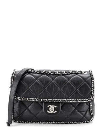 Pre-owned Chanel Running Chain Around Flap Bag Quilted Crumpled Calfskin Medium Crossbody Bag In Black